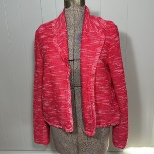 Elle Womens Large Pink and White Tweed Blazer with Fringe and Pockets